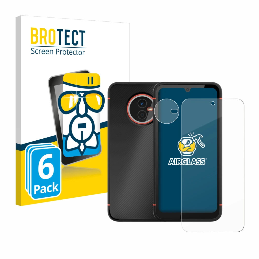 Face avant d’un emballage produit avec le logo de la marque BROTECT. À côté, l’appareil Gigaset GX4 Pro (Avant+Caméra) est rep