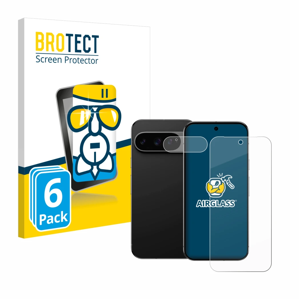 Face avant d’un emballage produit avec le logo de la marque BROTECT. À côté, l’appareil Google Pixel 9 Pro XL (Avant+Caméra) e