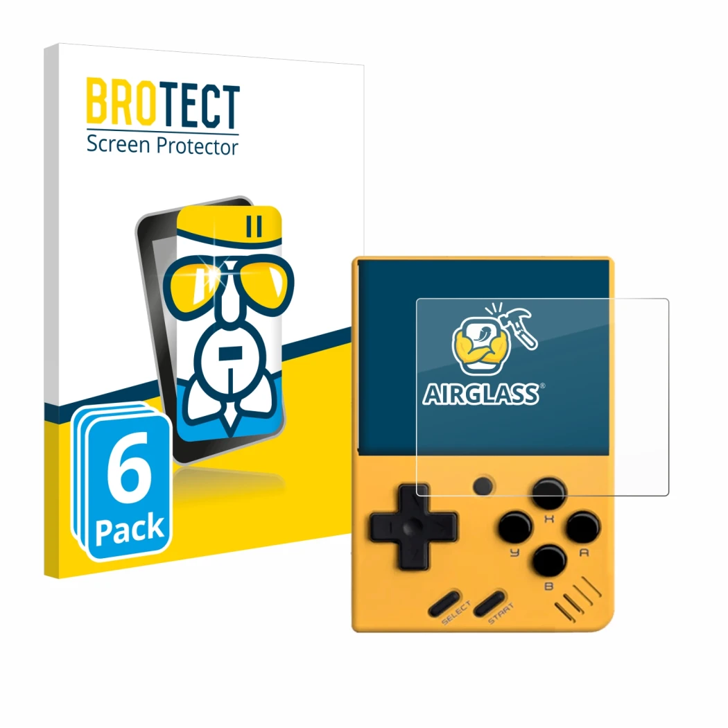 Face avant d’un emballage produit avec le logo de la marque BROTECT. À côté, l’appareil Miyoo Mini V4 est représenté avec la p