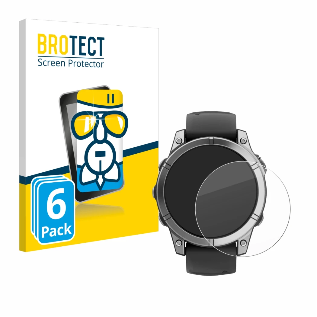Face avant d’un emballage produit avec le logo de la marque BROTECT. À côté, l’appareil Garmin Fenix E est représenté avec la
