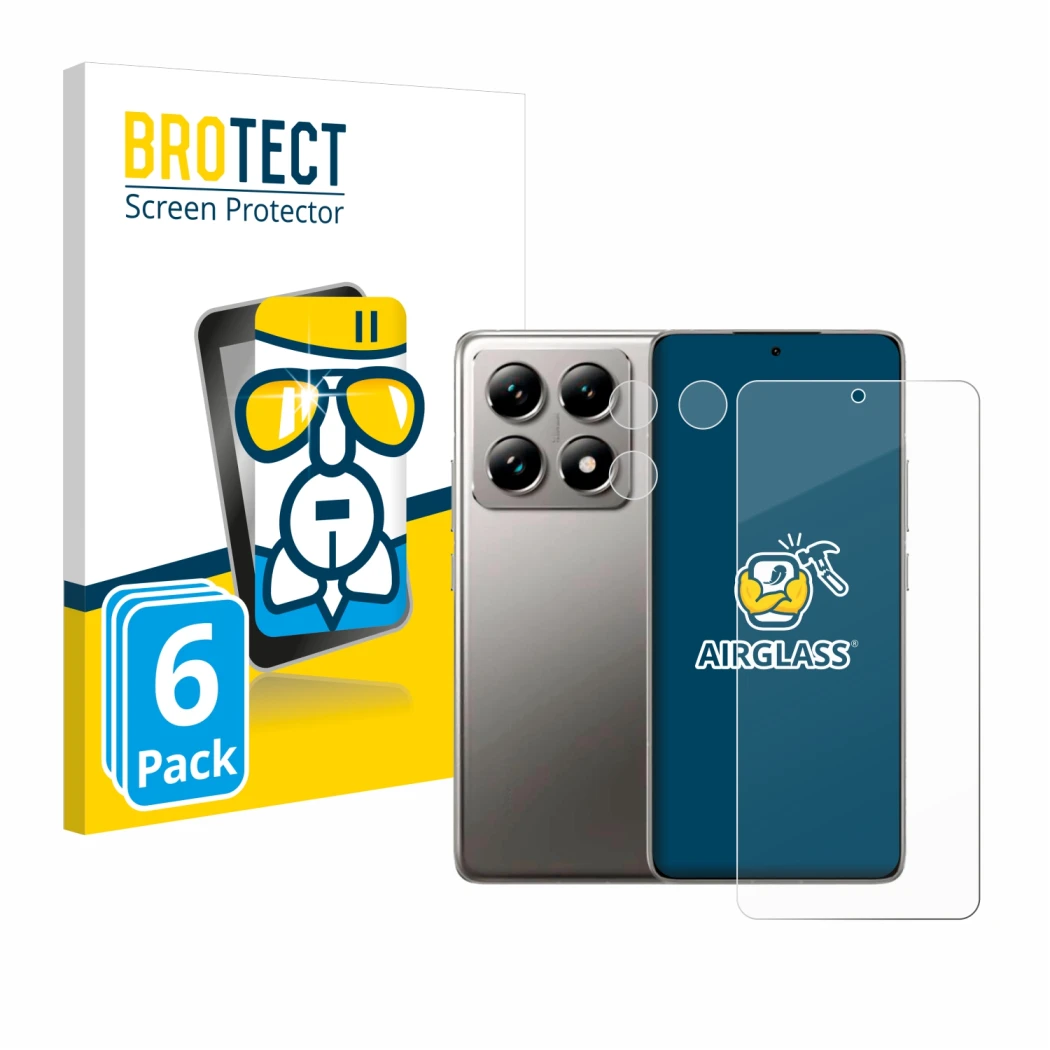 Face avant d’un emballage produit avec le logo de la marque BROTECT. À côté, l’appareil Xiaomi 14T (Avant+Caméra) est représen