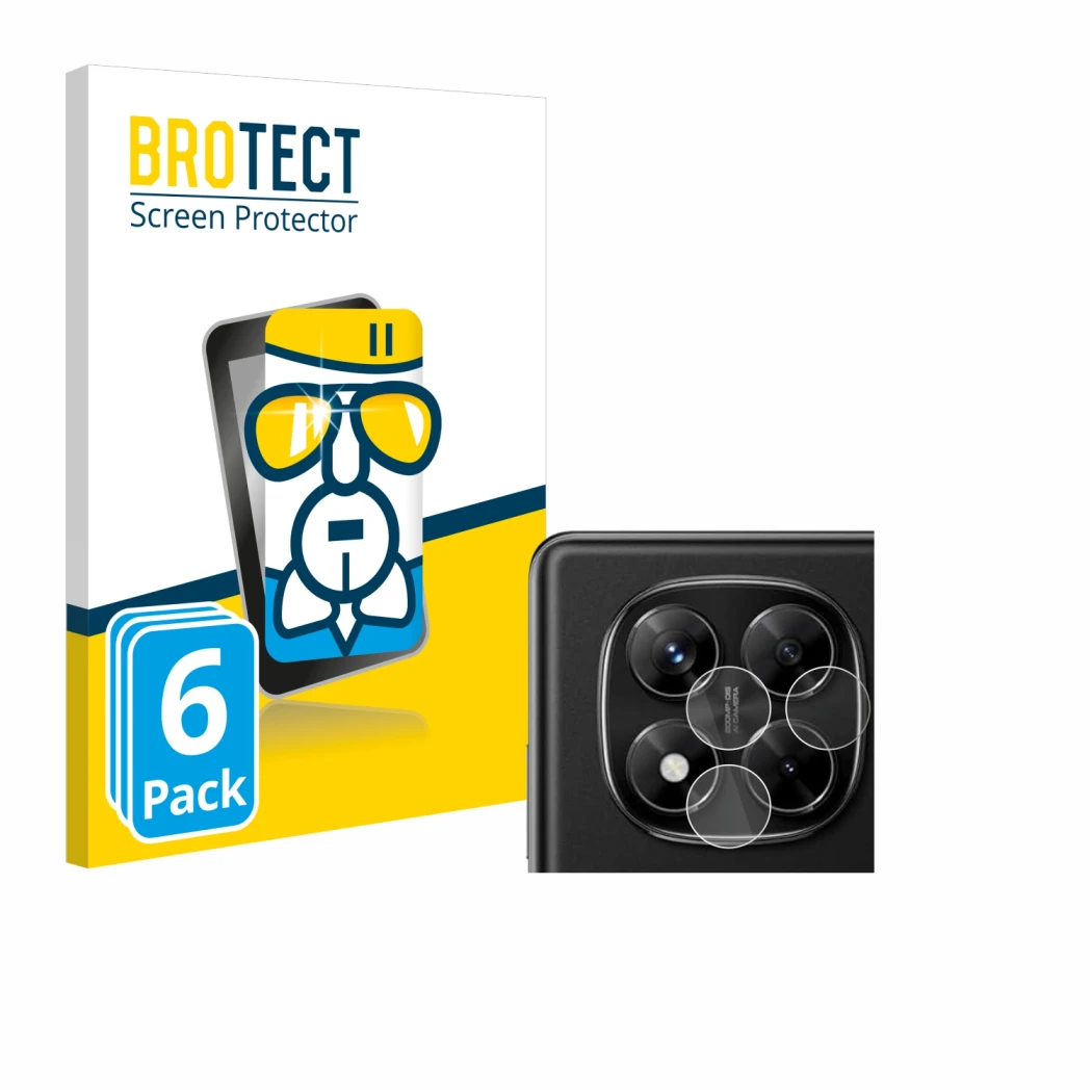 Face avant d’un emballage produit avec le logo de la marque BROTECT. À côté, l’appareil Xiaomi Redmi Note 14 Pro (Caméra UNIQU