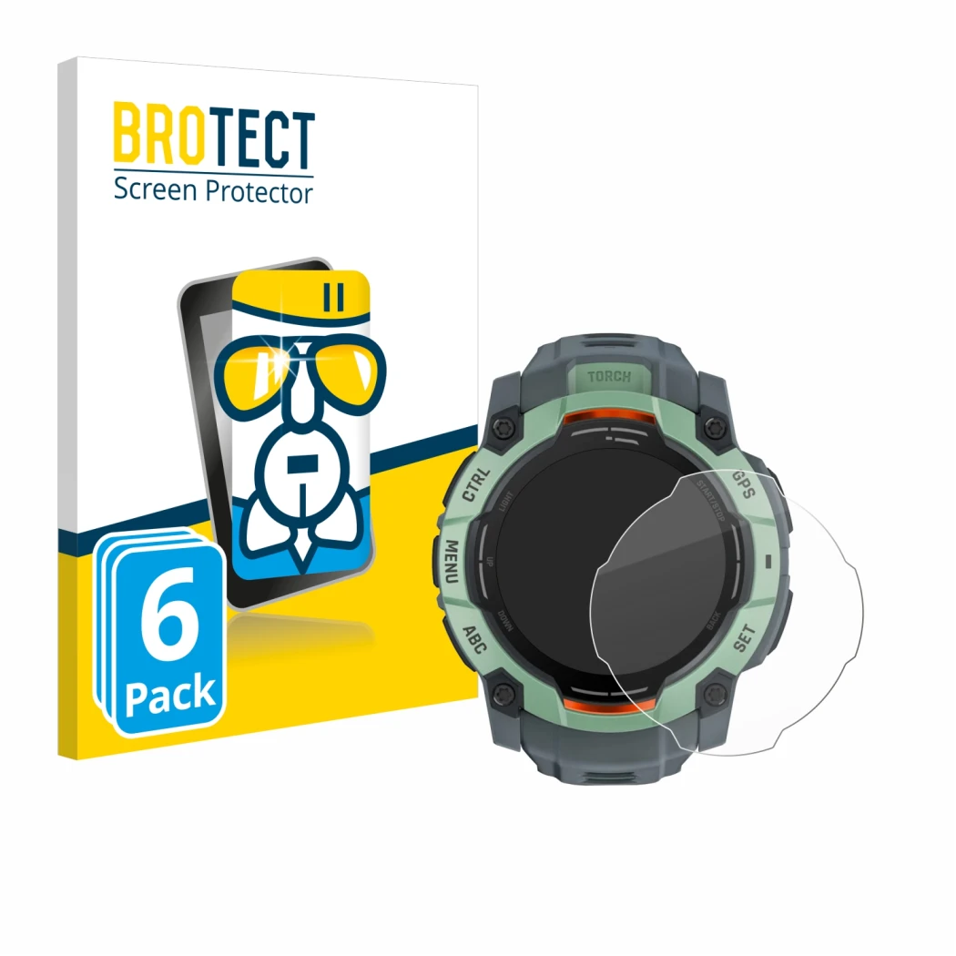 Face avant d’un emballage produit avec le logo de la marque BROTECT. À côté, l’appareil Garmin Instinct 3 AMOLED (50 mm) est r