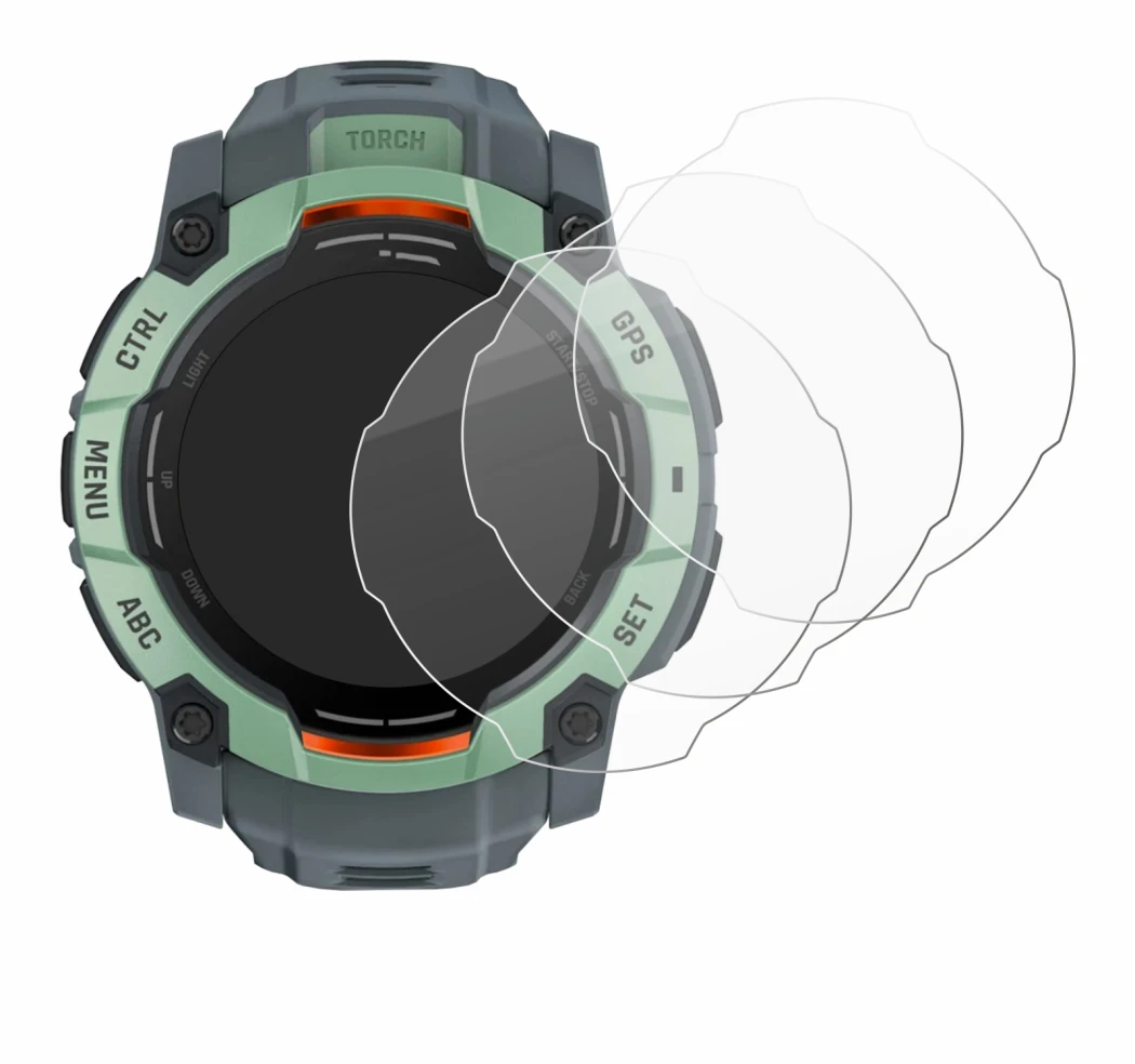 Image de l'appareil Garmin Instinct 3 AMOLED (50 mm) avec une grande variété de protections d'écran.