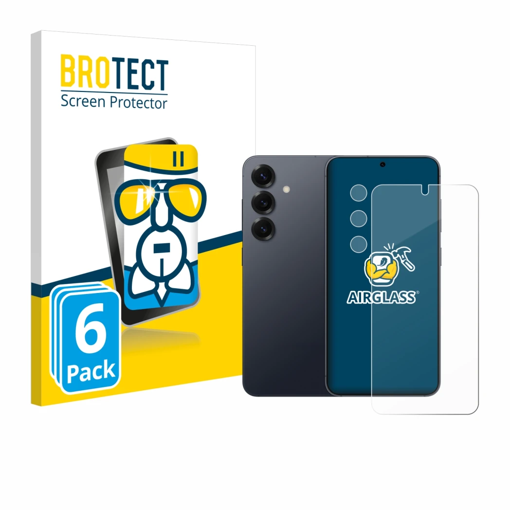 Face avant d’un emballage produit avec le logo de la marque BROTECT. À côté, l’appareil Samsung Galaxy S25 (Avant+Caméra) est 