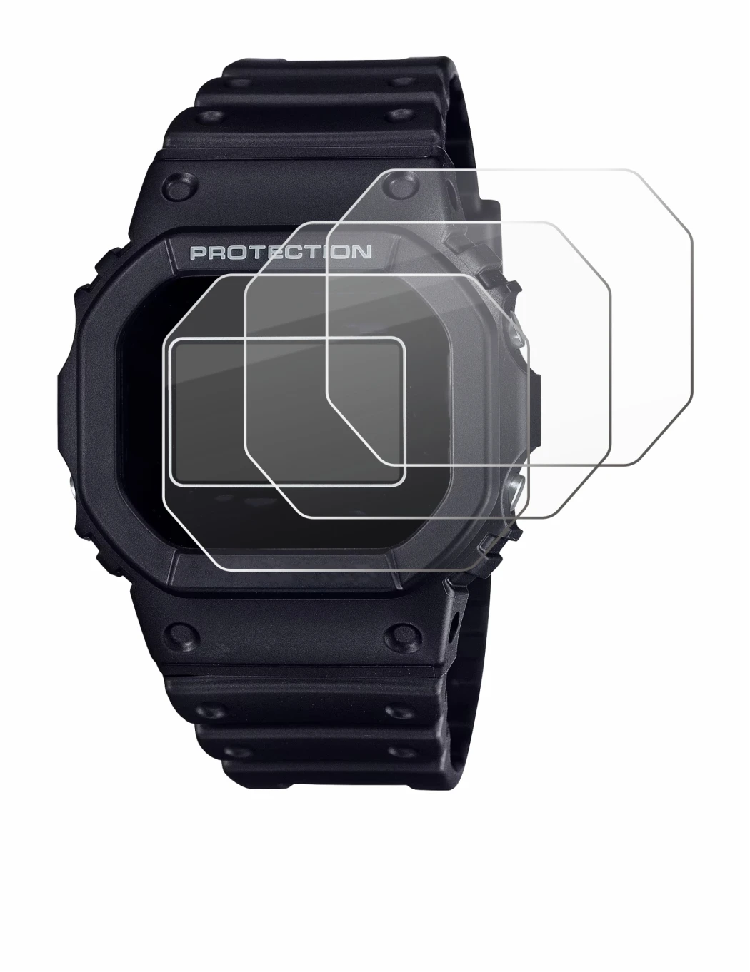 Image de l'appareil Casio G-Shock DW-5600RL-1 avec une grande variété de protections d'écran.