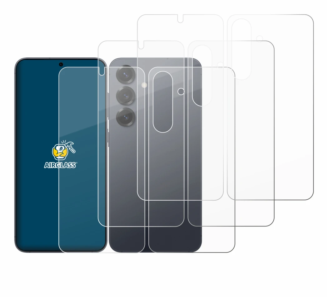 Image de l'appareil Samsung Galaxy S25 (Avant+Arrière) avec une grande variété de protections d'écran.