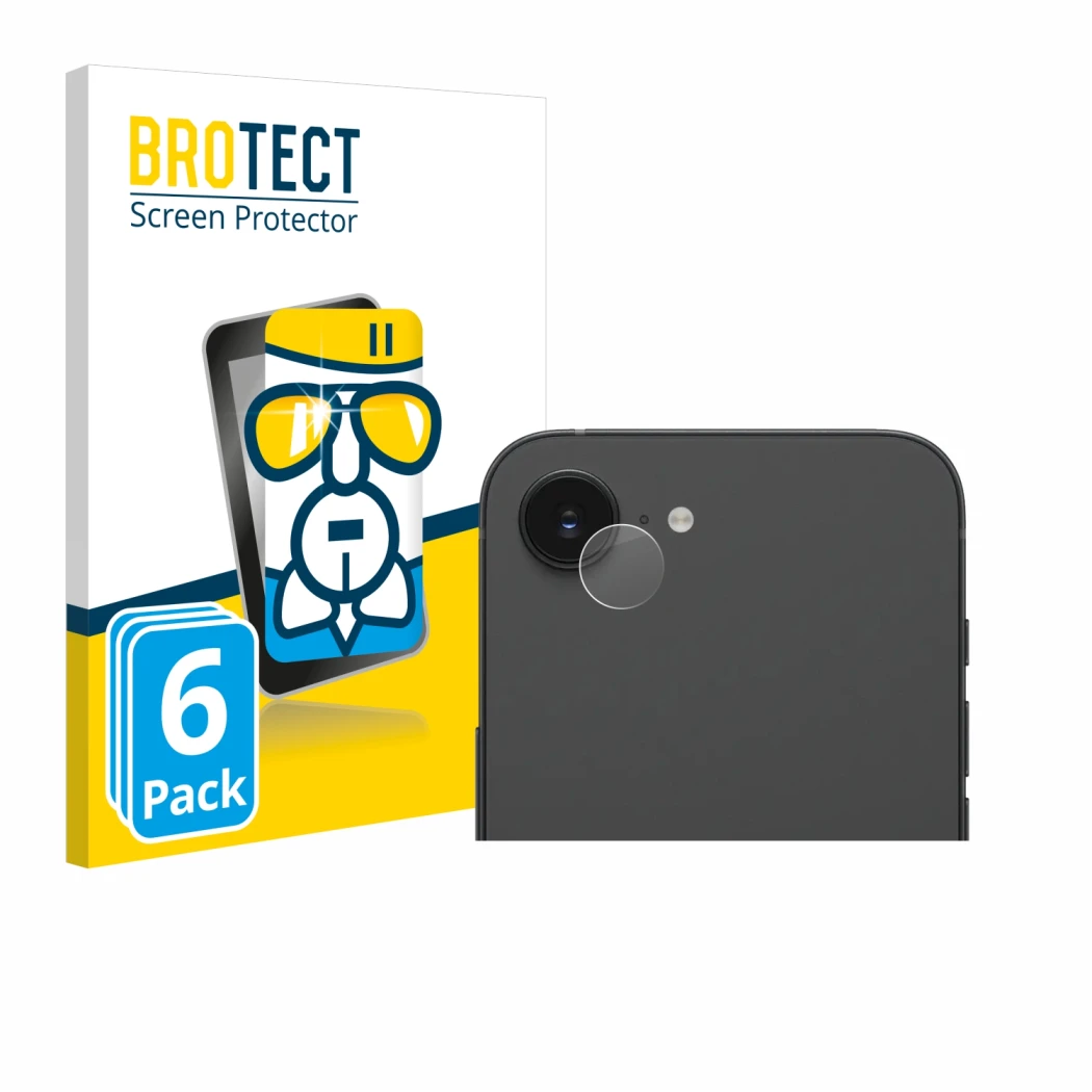 Face avant d’un emballage produit avec le logo de la marque BROTECT. À côté, l’appareil Apple iPhone 16e (Caméra UNIQUEMENT) e