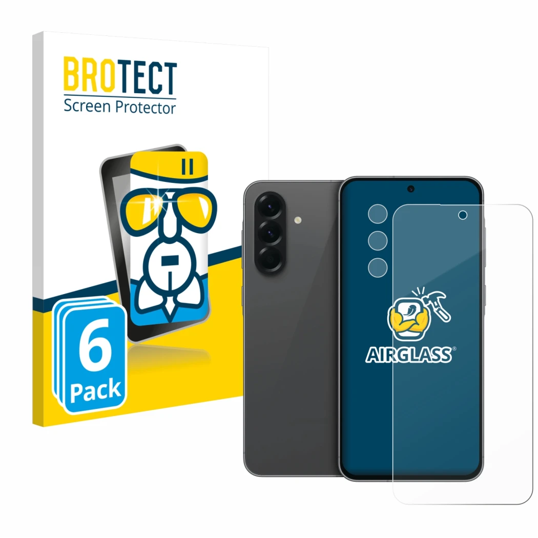 Face avant d’un emballage produit avec le logo de la marque BROTECT. À côté, l’appareil Samsung Galaxy A56 5G (Avant+Caméra) e