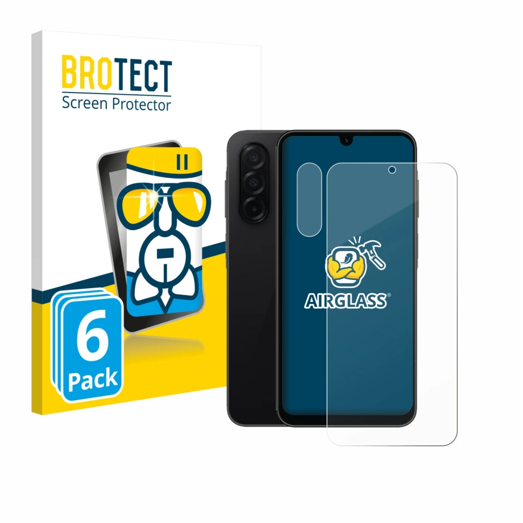 Face avant d’un emballage produit avec le logo de la marque BROTECT. À côté, l’appareil Samsung Galaxy A26 5G (Avant+Caméra) e