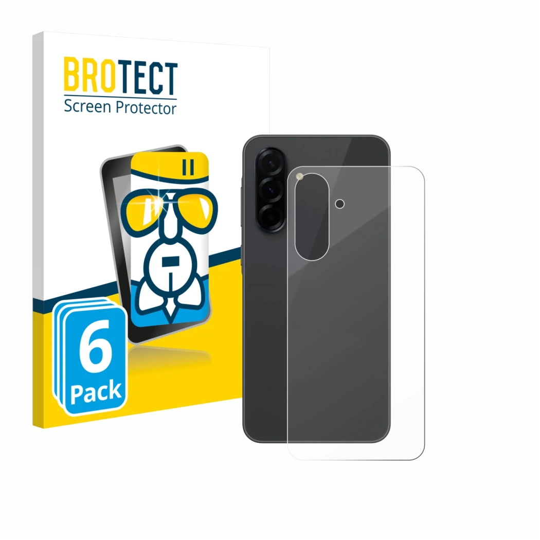 Face avant d’un emballage produit avec le logo de la marque BROTECT. À côté, l’appareil Samsung Galaxy A36 5G (Arrière) est re