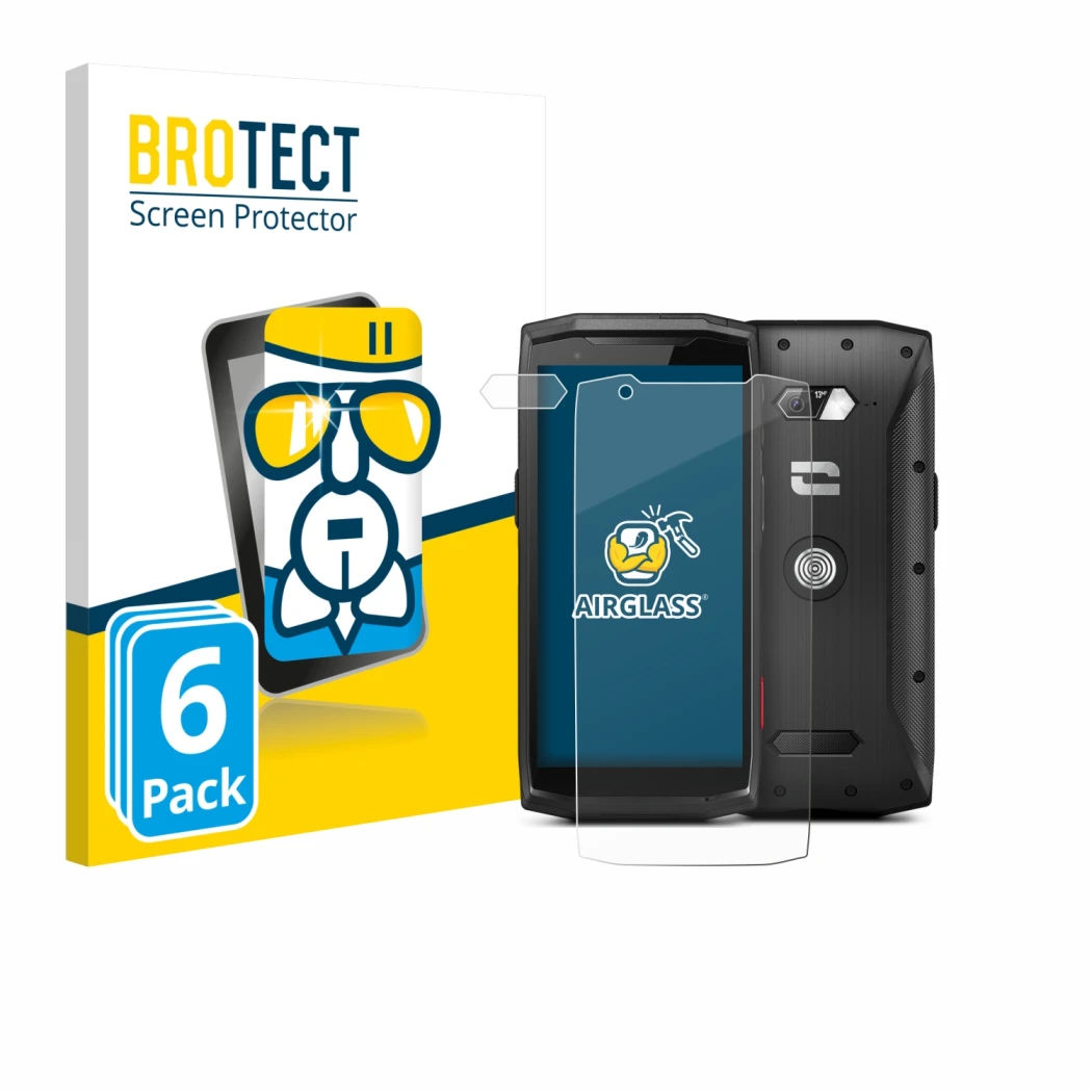 Face avant d’un emballage produit avec le logo de la marque BROTECT. À côté, l’appareil Crosscall Core-M5 (Avant+Caméra) est r