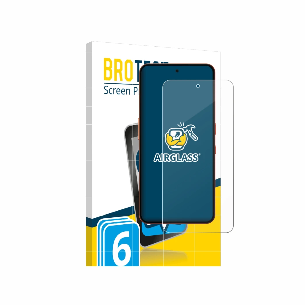 Face avant d’un emballage produit avec le logo de la marque BROTECT. À côté, l’appareil Nothing CMF Phone 2 Pro est représenté