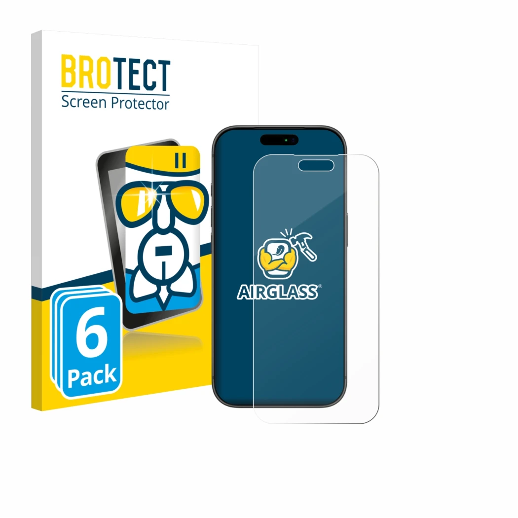 Face avant d’un emballage produit avec le logo de la marque BROTECT. À côté, l’appareil Apple iPhone 17 Pro Max est représenté