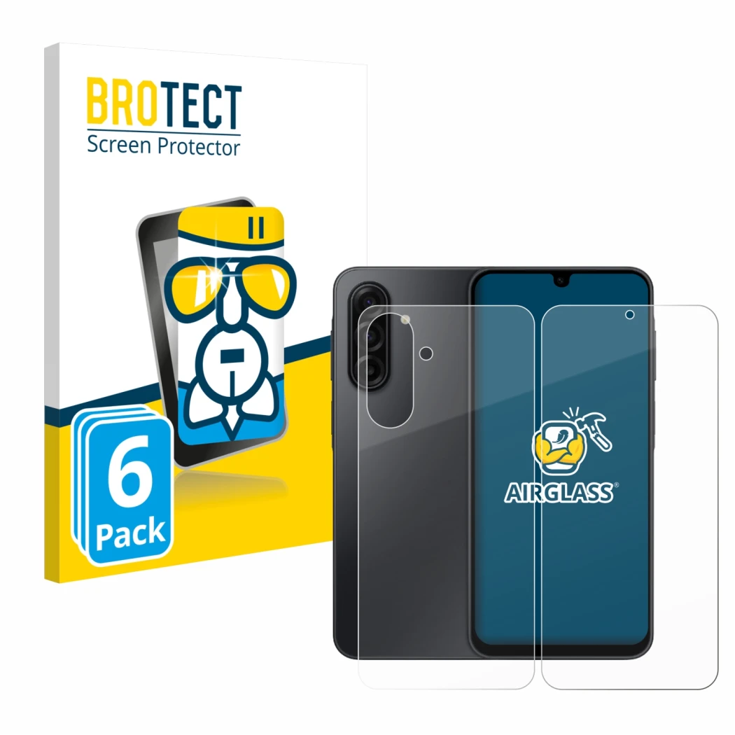 Face avant d’un emballage produit avec le logo de la marque BROTECT. À côté, l’appareil Samsung Galaxy A17 5G (Avant+Arrière) 