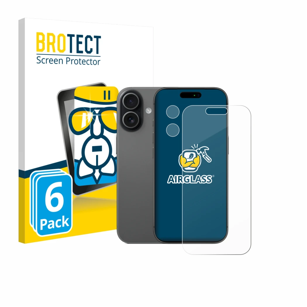 Face avant d’un emballage produit avec le logo de la marque BROTECT. À côté, l’appareil Apple iPhone 17 (Avant+Caméra) est rep