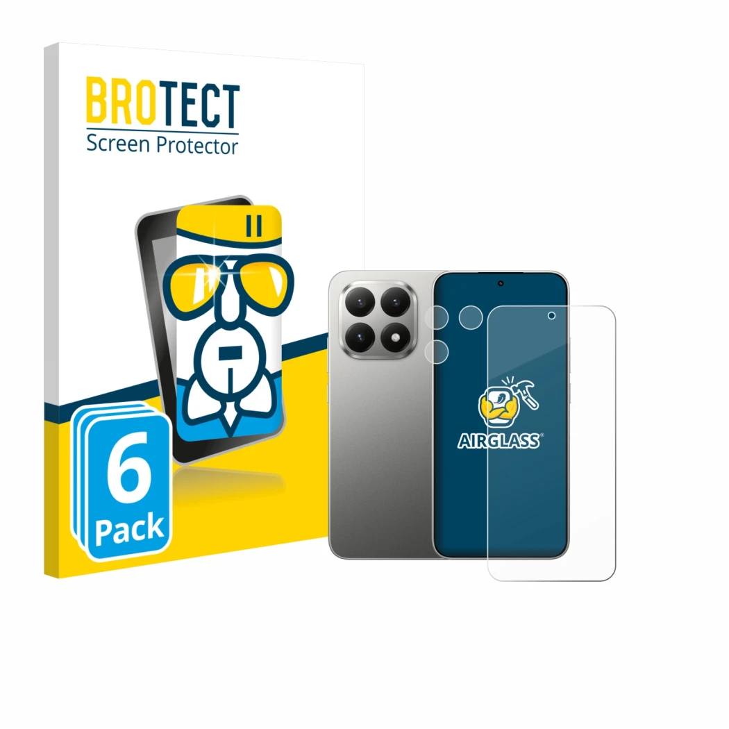 Face avant d’un emballage produit avec le logo de la marque BROTECT. À côté, l’appareil Xiaomi 15T (Avant+Caméra) est représen