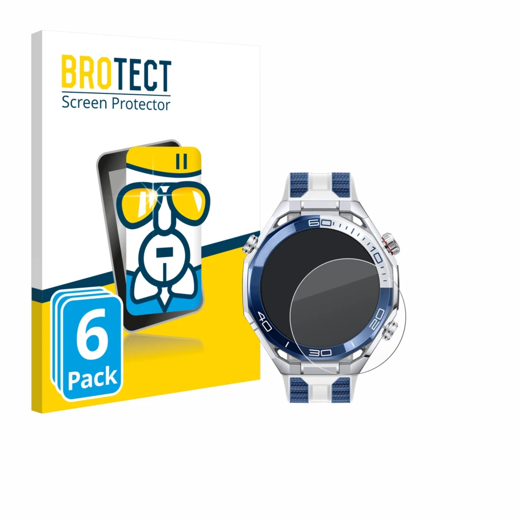 Face avant d’un emballage produit avec le logo de la marque BROTECT. À côté, l’appareil Huawei Watch Ultimate 2 Blue est repré