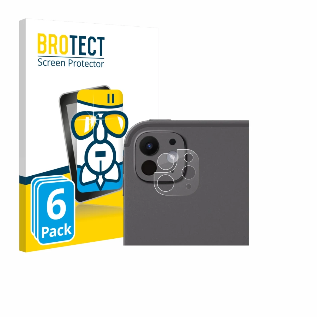 Face avant d’un emballage produit avec le logo de la marque BROTECT. À côté, l’appareil Apple iPad Pro 11