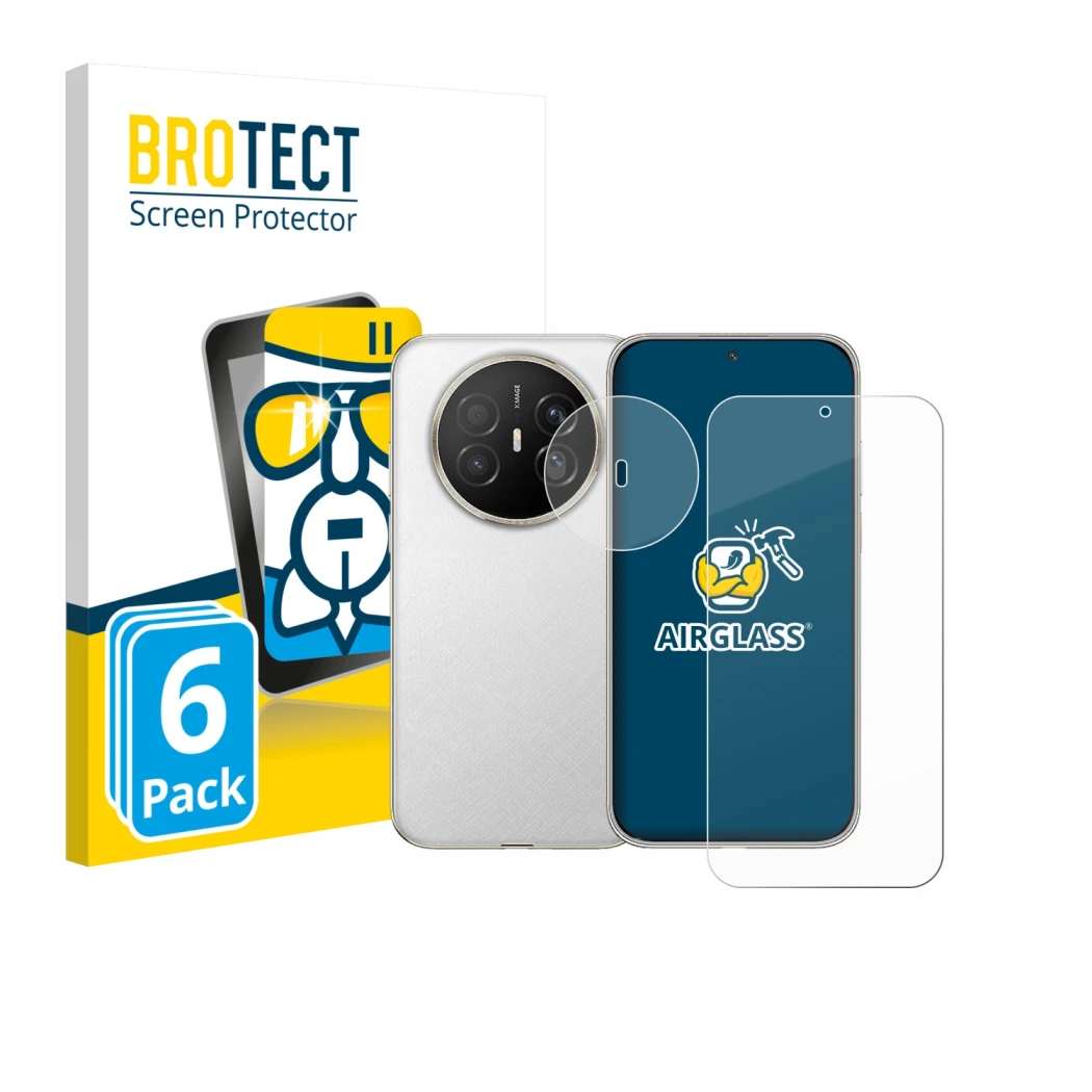 Face avant d’un emballage produit avec le logo de la marque BROTECT. À côté, l’appareil Huawei Mate 70 Air (Avant+Caméra) est 