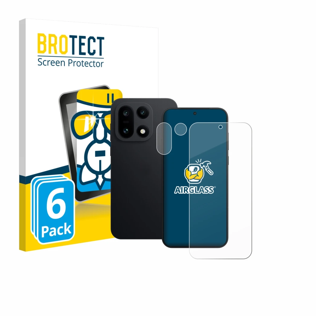 Face avant d’un emballage produit avec le logo de la marque BROTECT. À côté, l’appareil OnePlus 15 (Avant+Caméra) est représen