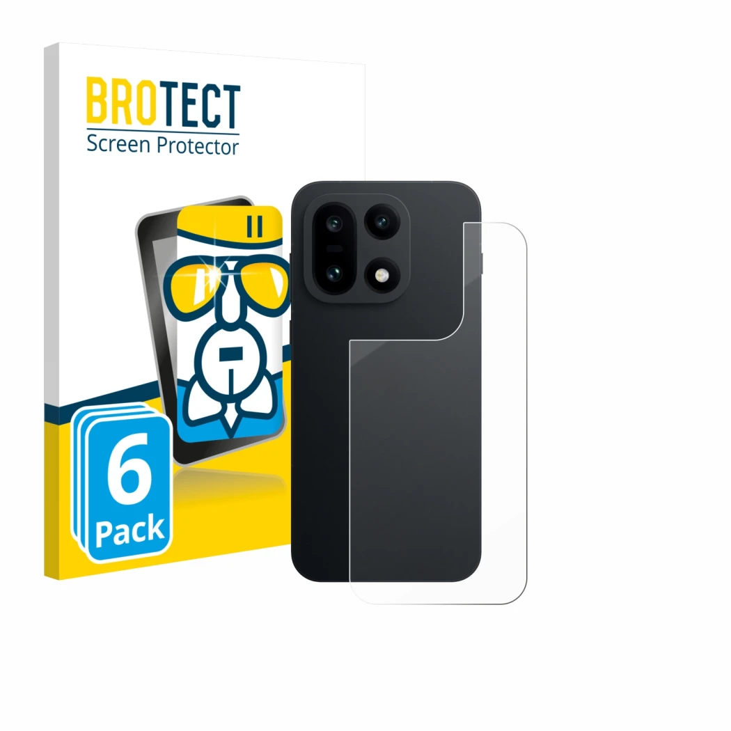 Face avant d’un emballage produit avec le logo de la marque BROTECT. À côté, l’appareil OnePlus 15 (Arrière) est représenté av