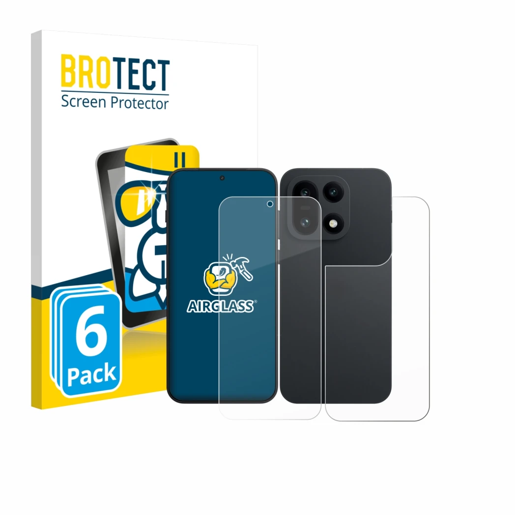 Face avant d’un emballage produit avec le logo de la marque BROTECT. À côté, l’appareil OnePlus 15 (Avant+Arrière) est représe