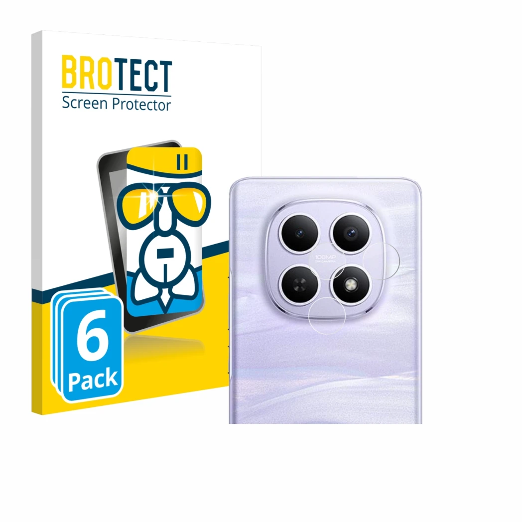 Face avant d’un emballage produit avec le logo de la marque BROTECT. À côté, l’appareil Xiaomi Redmi Note 15 (Caméra UNIQUEMEN