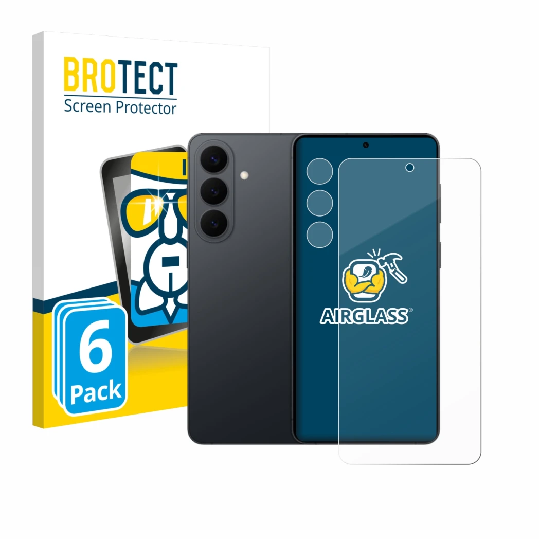 Face avant d’un emballage produit avec le logo de la marque BROTECT. À côté, l’appareil Samsung Galaxy S26 Plus (Avant+Caméra)