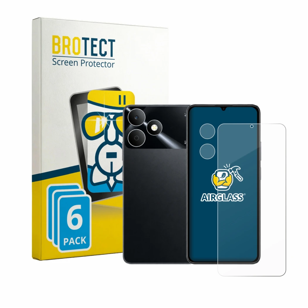 Face avant d’un emballage produit avec le logo de la marque BROTECT. À côté, l’appareil realme Note 80 (Avant+Caméra) est repr