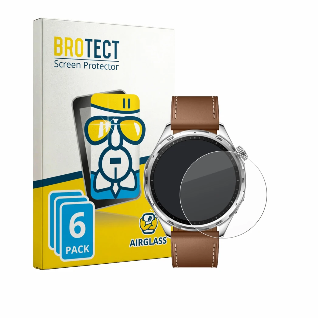 Face avant d’un emballage produit avec le logo de la marque BROTECT. À côté, l’appareil Honor Watch 6 est représenté avec la p