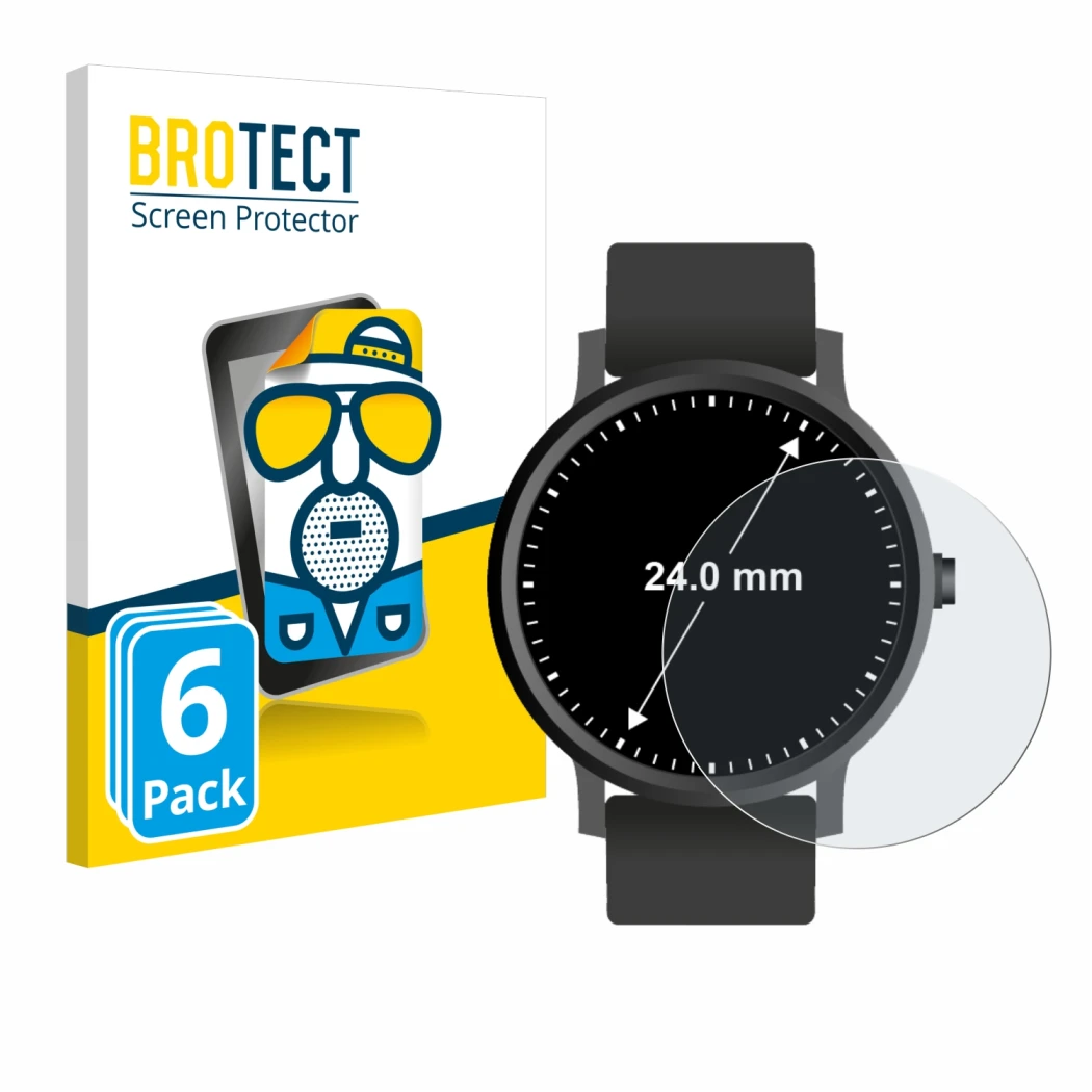 Face avant d’un emballage produit avec le logo de la marque BROTECT. À côté, l’appareil Montres (Circulaire, ø: 24 mm) est rep
