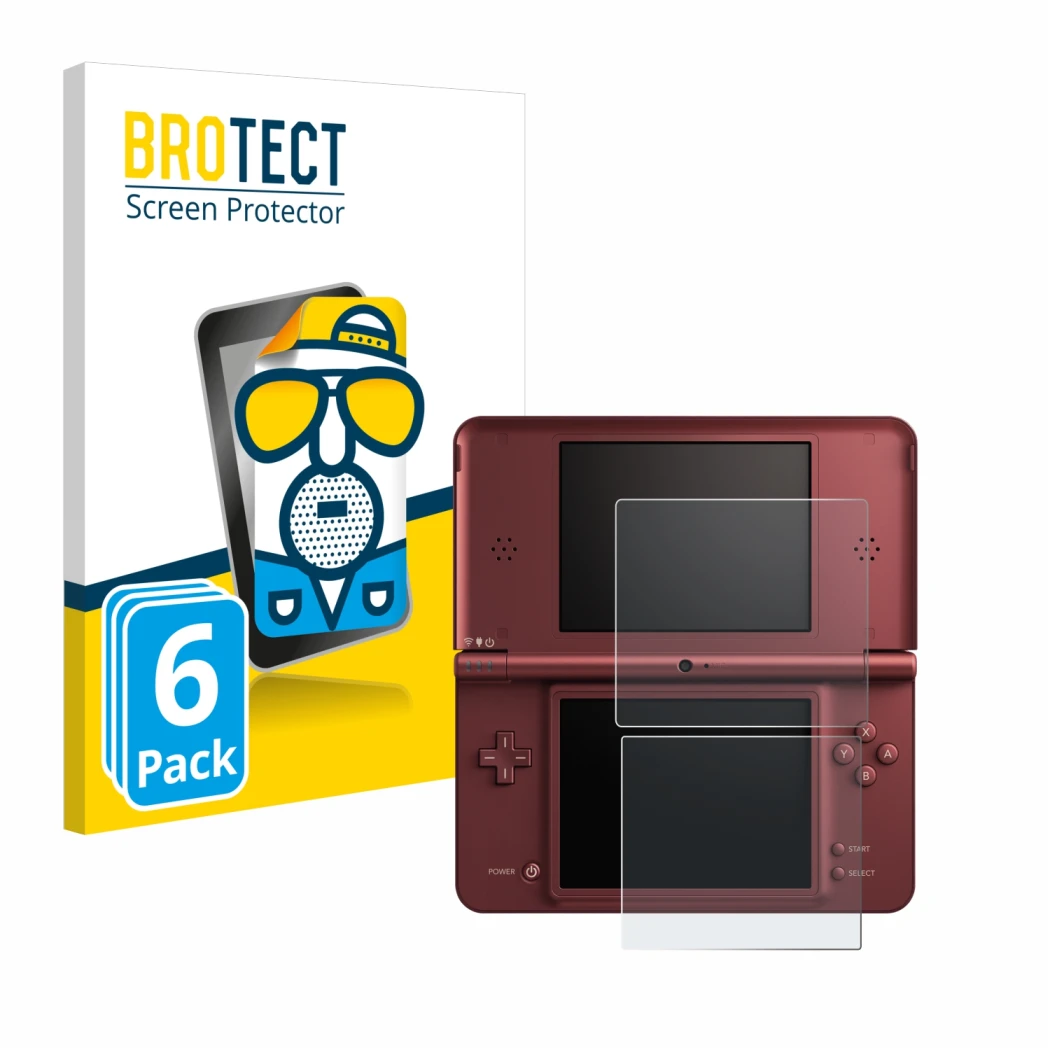 Face avant d’un emballage produit avec le logo de la marque BROTECT. À côté, l’appareil Nintendo DSi XL est représenté avec la