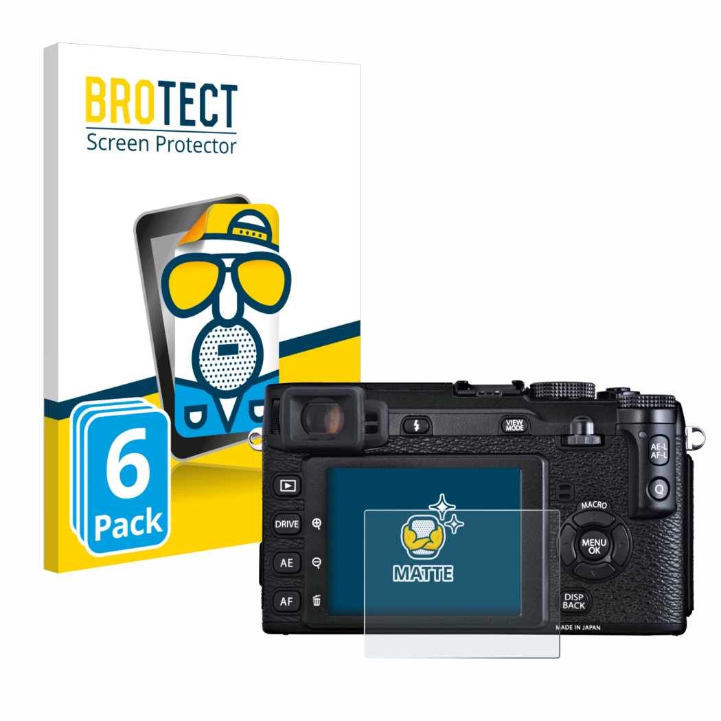 Face avant d’un emballage produit avec le logo de la marque BROTECT. À côté, l’appareil Fujifilm X-E1 est représenté avec la p