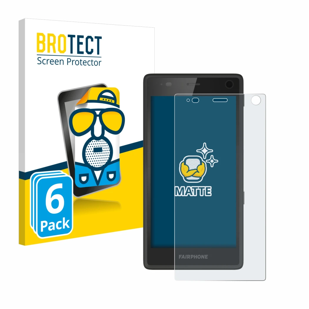 Face avant d’un emballage produit avec le logo de la marque BROTECT. À côté, l’appareil Fairphone 2 est représenté avec la pro