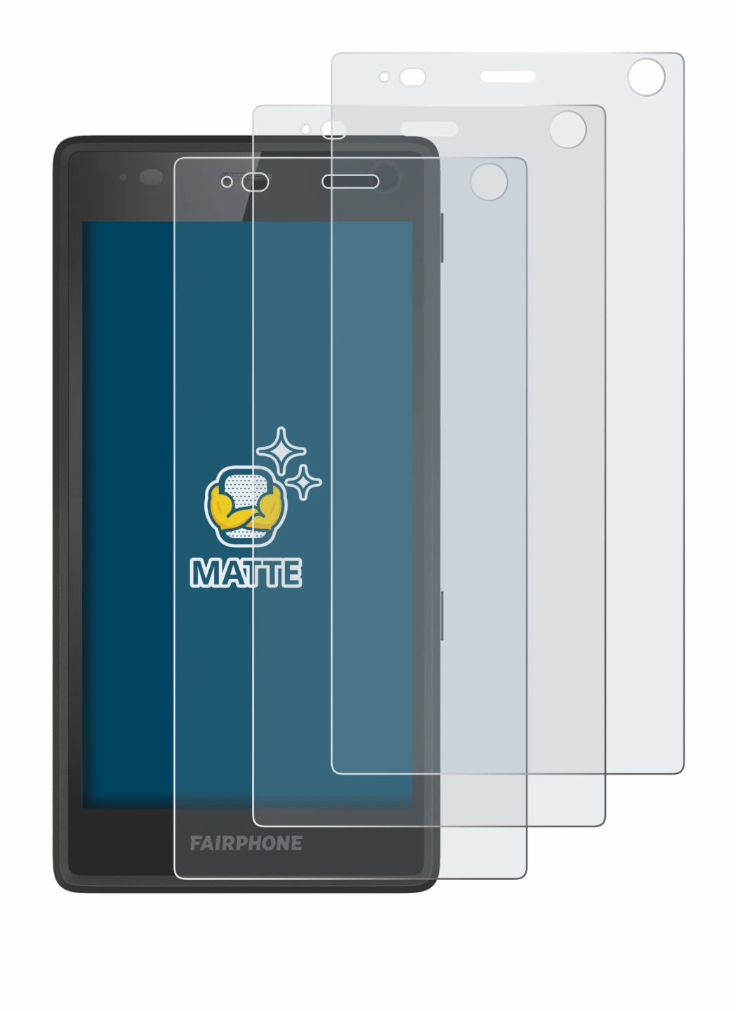 Image de l'appareil Fairphone 2 avec une grande variété de protections d'écran.