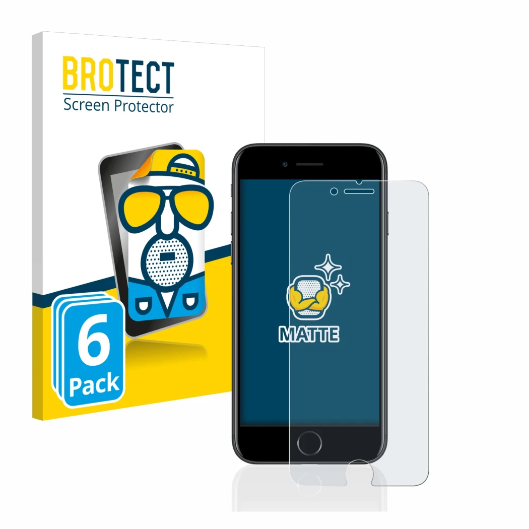 Face avant d’un emballage produit avec le logo de la marque BROTECT. À côté, l’appareil Apple iPhone 7 est représenté avec la 