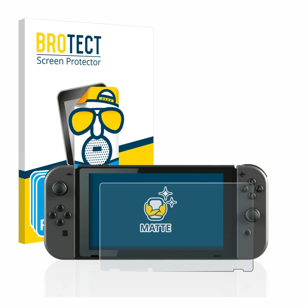 Face avant d’un emballage produit avec le logo de la marque BROTECT. À côté, l’appareil Nintendo Switch est représenté avec la