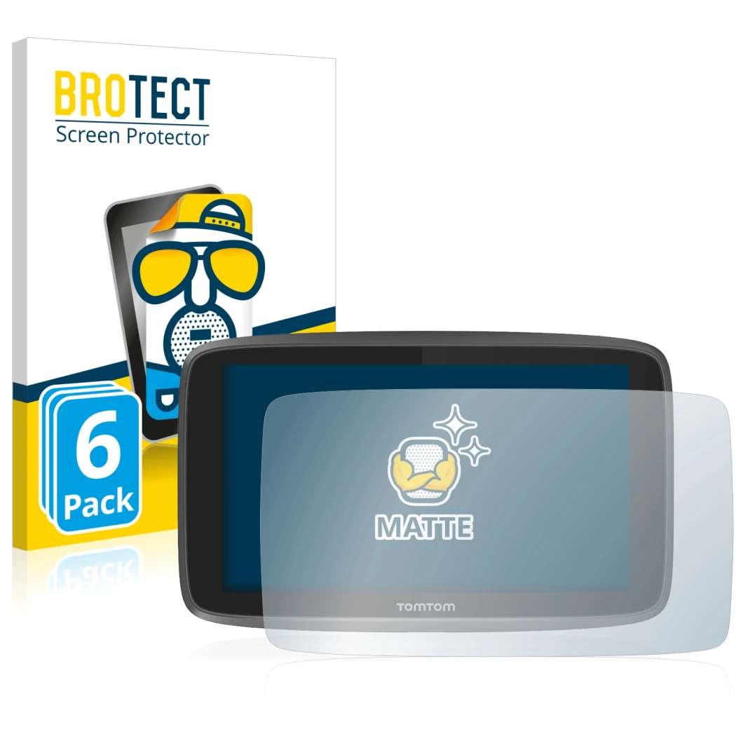 Face avant d’un emballage produit avec le logo de la marque BROTECT. À côté, l’appareil TomTom Go 6200 est représenté avec la 