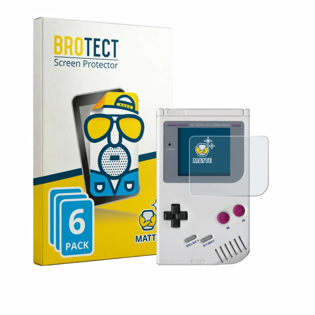 Face avant d’un emballage produit avec le logo de la marque BROTECT. À côté, l’appareil Nintendo Gameboy (1989) est représenté