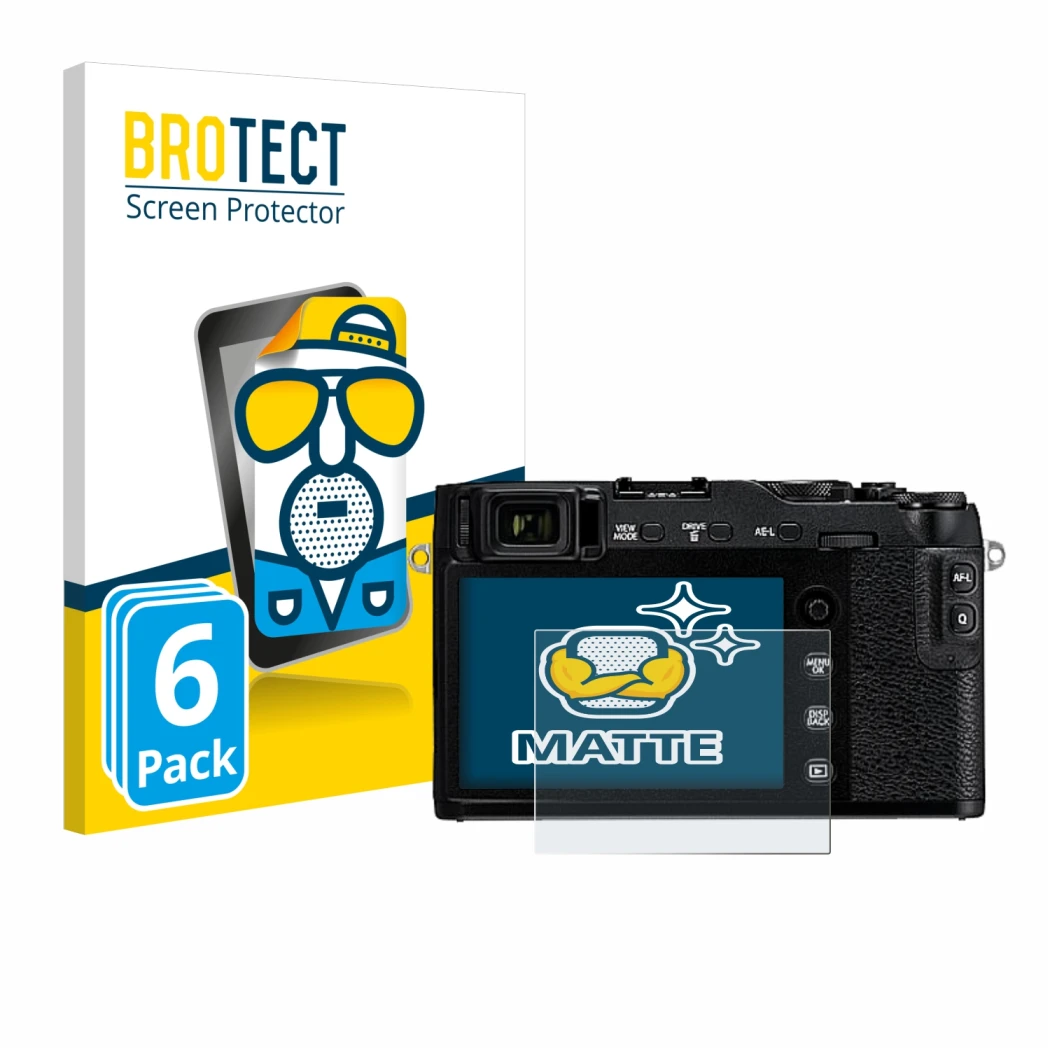 Face avant d’un emballage produit avec le logo de la marque BROTECT. À côté, l’appareil Fujifilm X-E3 est représenté avec la p