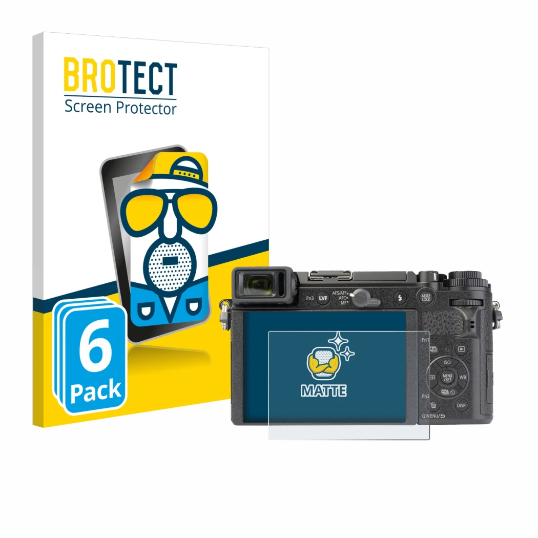 Face avant d’un emballage produit avec le logo de la marque BROTECT. À côté, l’appareil Panasonic Lumix DC-GX9 est représenté 