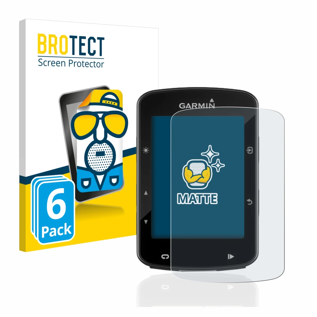 Face avant d’un emballage produit avec le logo de la marque BROTECT. À côté, l’appareil Garmin Edge 520 Plus est représenté av