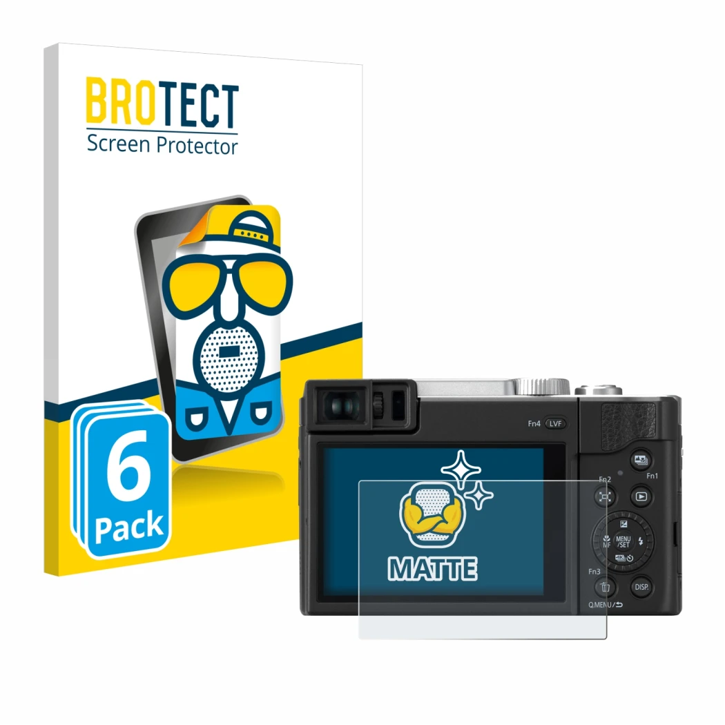 Face avant d’un emballage produit avec le logo de la marque BROTECT. À côté, l’appareil Panasonic Lumix DC-TZ96 est représenté