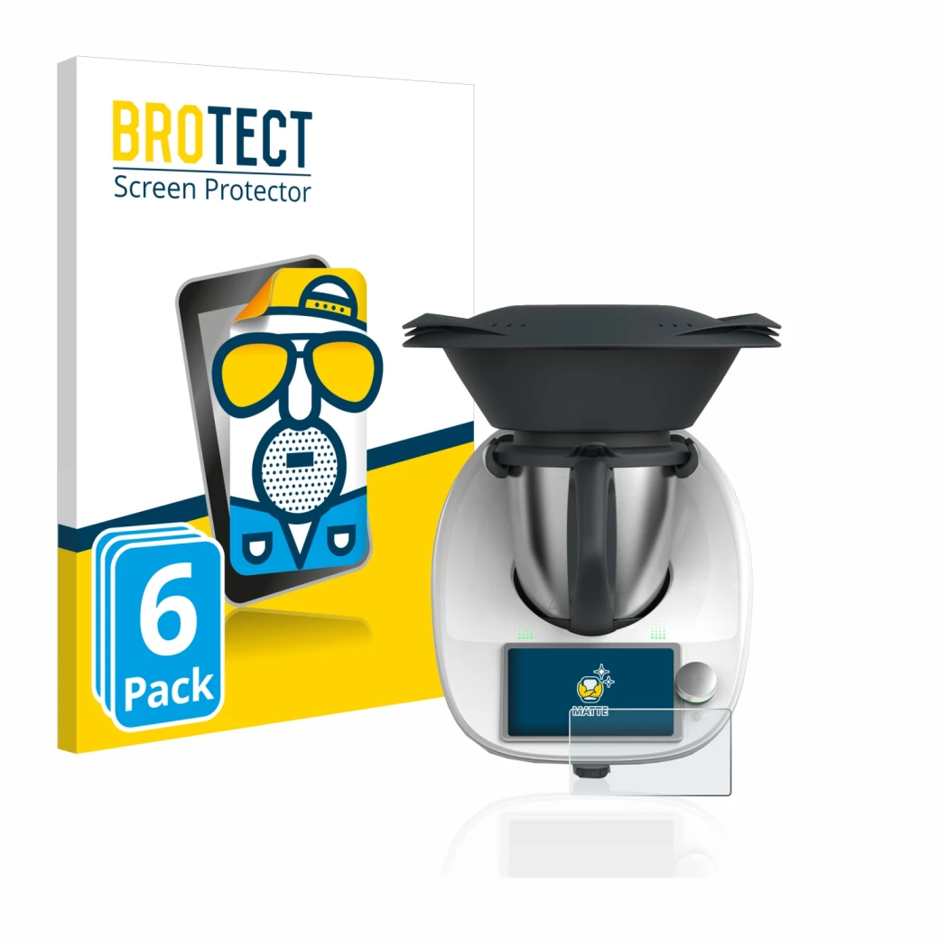 Face avant d’un emballage produit avec le logo de la marque BROTECT. À côté, l’appareil Vorwerk Thermomix TM6 est représenté a