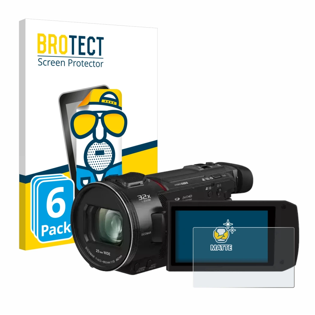Face avant d’un emballage produit avec le logo de la marque BROTECT. À côté, l’appareil Panasonic HC-VXF11 est représenté avec