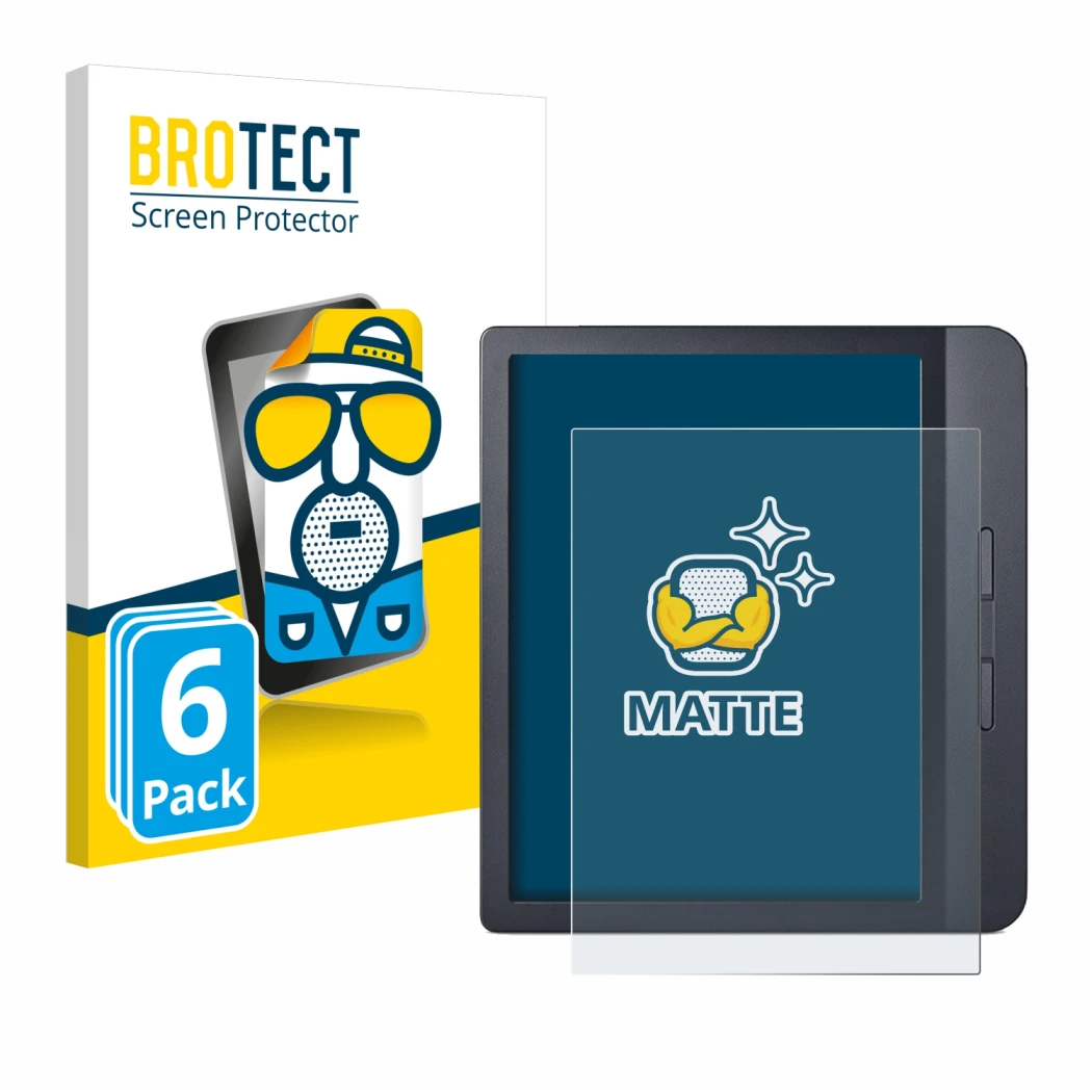 Face avant d’un emballage produit avec le logo de la marque BROTECT. À côté, l’appareil Kobo Libra H2O est représenté avec la