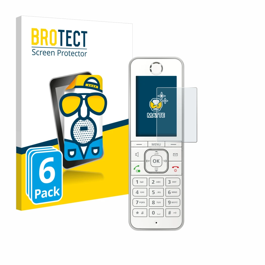 Face avant d’un emballage produit avec le logo de la marque BROTECT. À côté, l’appareil AVM Fritz!Fon C6 est représenté avec l