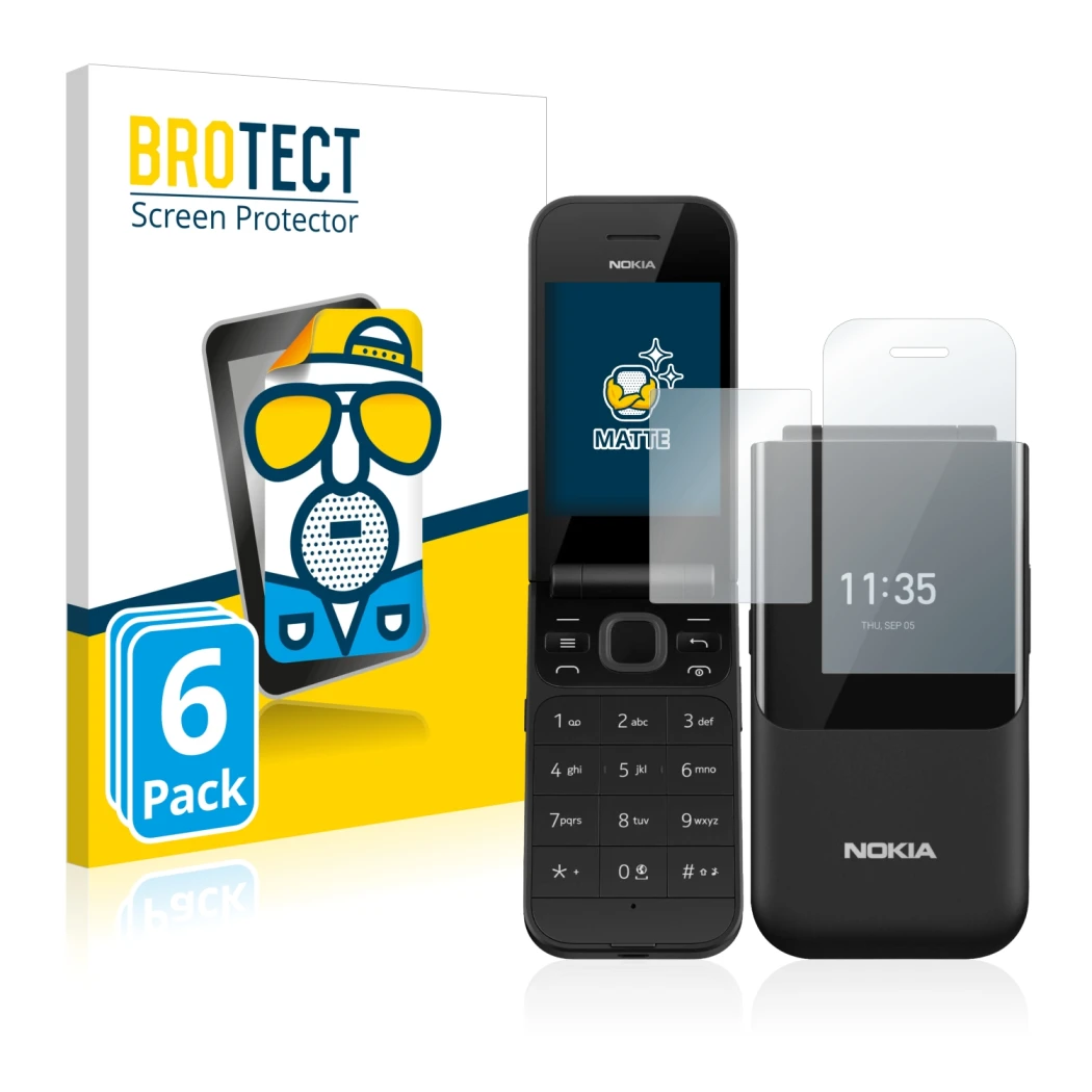 Face avant d’un emballage produit avec le logo de la marque BROTECT. À côté, l’appareil Nokia 2720 Flip est représenté avec la