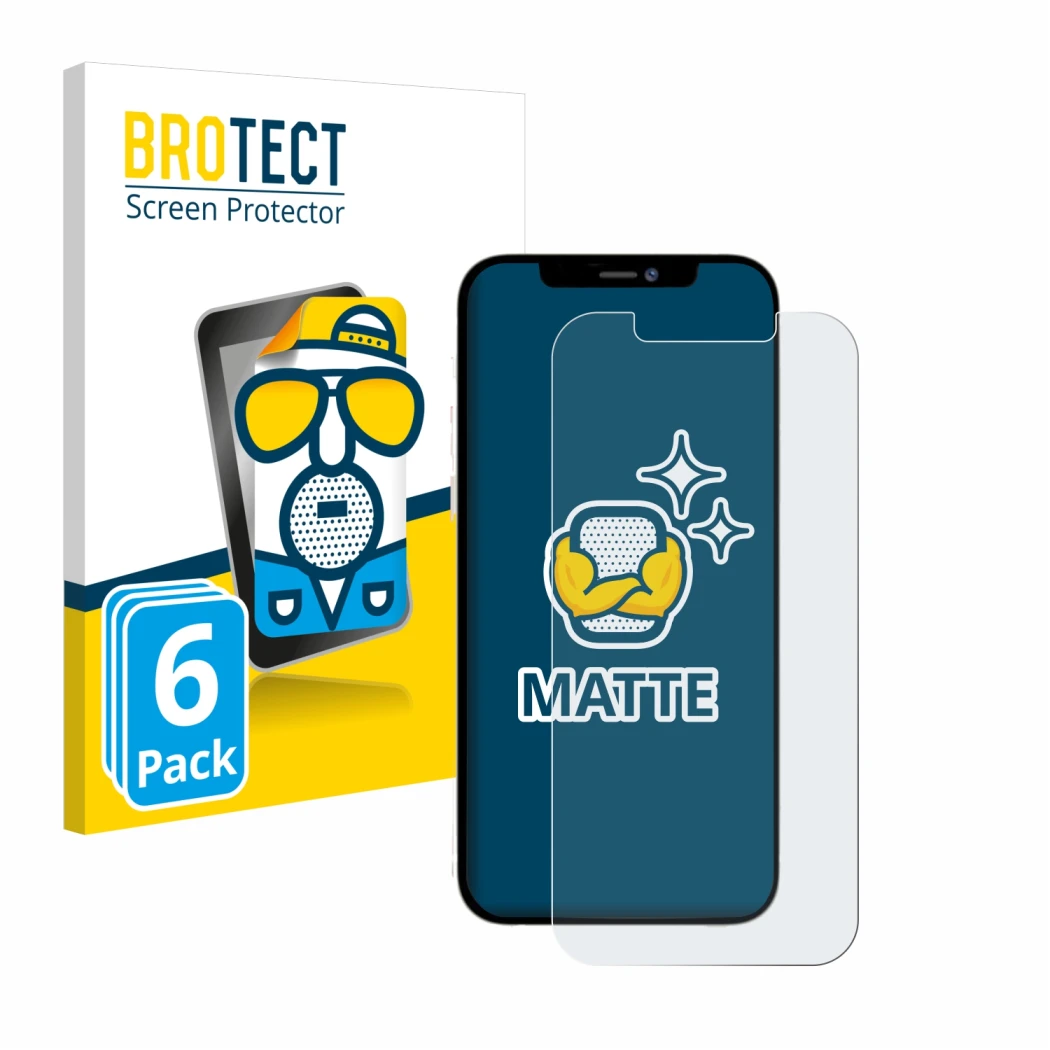 Face avant d’un emballage produit avec le logo de la marque BROTECT. À côté, l’appareil Apple iPhone 12 Pro Max est représenté